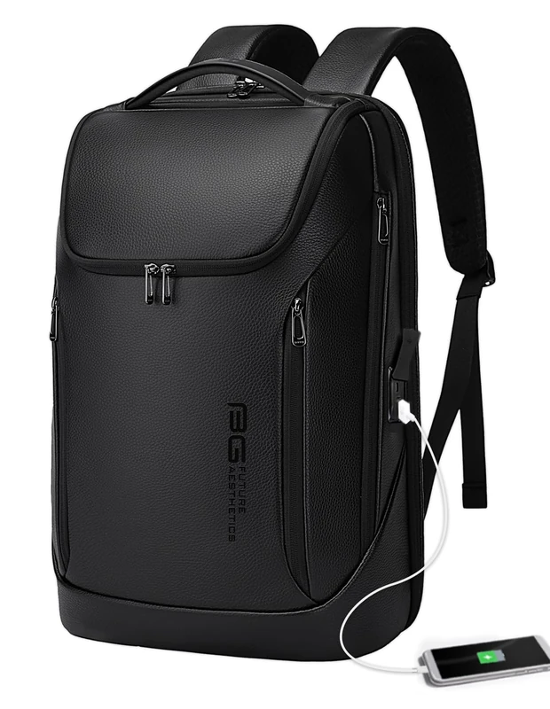 BANGE Business Smart Backpack Waterproof fit 15.6 Inch Laptop Backpack with USB Charging Port,Travel Durable Backpack, Leather Black, M, Fashion