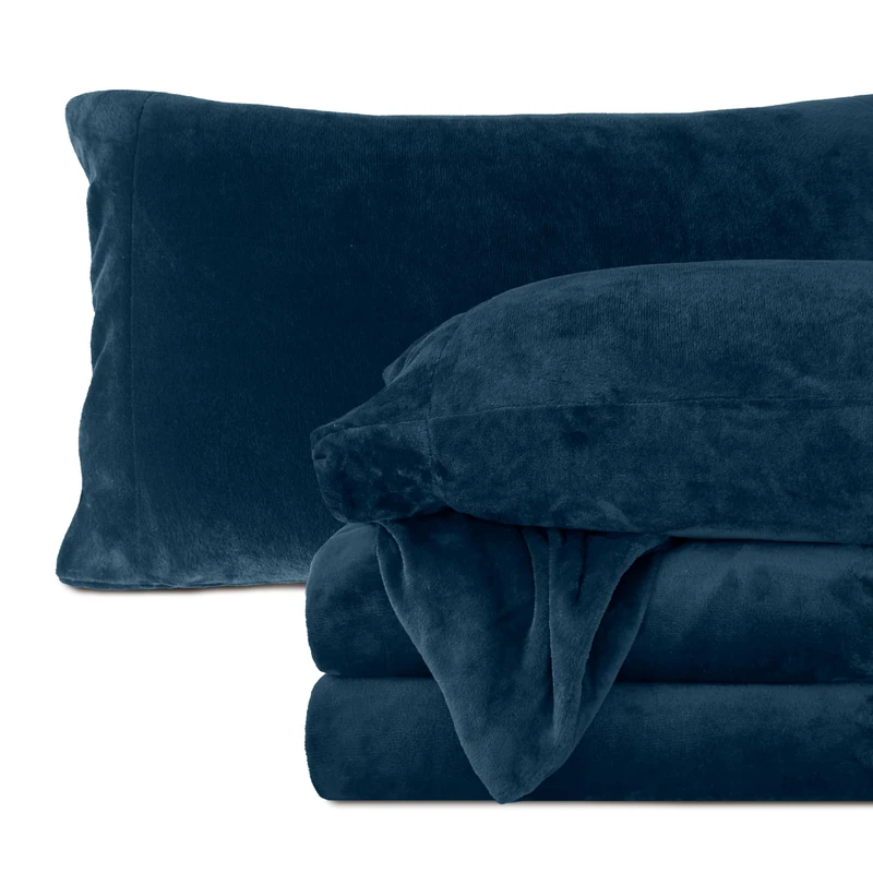 Elegant Comfort Flannel Velvet Sheets Twin Size Navy Blue 4 Pcs Bed Sheets Set Premium Plush Cozy Warm Anti-Static Pilling Free Deep Pocket
