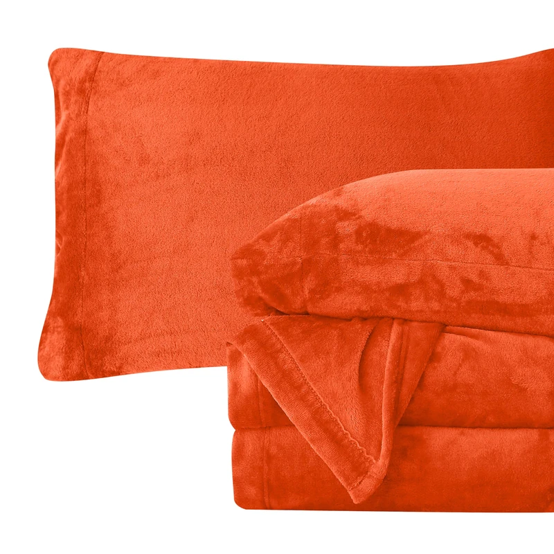 Elegant Comfort Luxuriously Soft 4-Piece Velvet Plush Flannel Sheet Set - Premium Quality - Cozy Warm, Anti-Static, Non Pilling Fuzzy Velvet Flannel Fleece Deep Pocket Sheet Set - King, Orange
