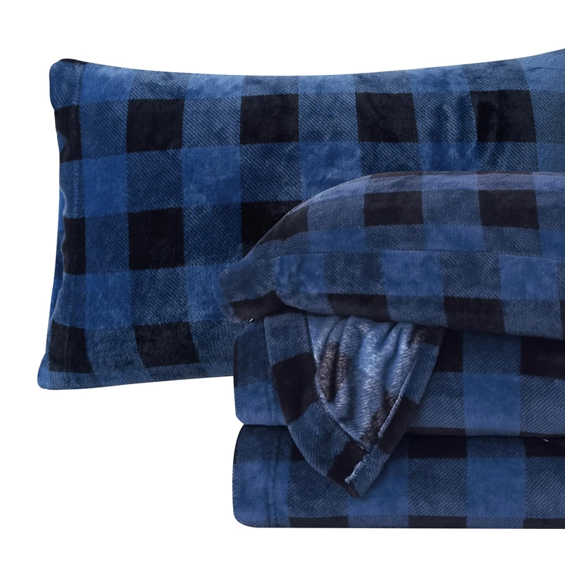 Elegant Comfort Luxuriously Soft 4-Piece Velvet Plush Flannel Sheet Set - Premium Quality - Cozy Warm, Anti-Static, Non Pilling Fuzzy Velvet Flannel Fleece Deep Pocket Sheet Set - Full, Buffalo Blue