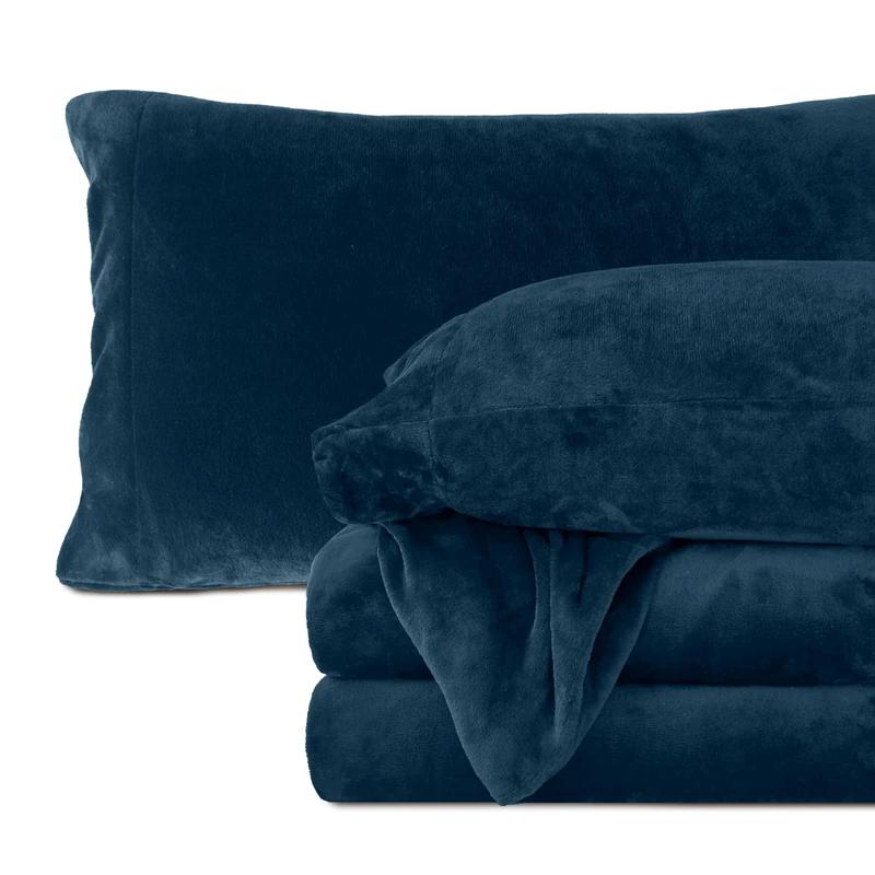 Elegant Comfort Luxuriously Soft 4-Piece Velvet Plush Flannel Sheet Set - Premium Quality - Cozy Warm, Anti-Static, Non Pilling Fuzzy Velvet Flannel Fleece Deep Pocket Sheet Set - Full, Navy