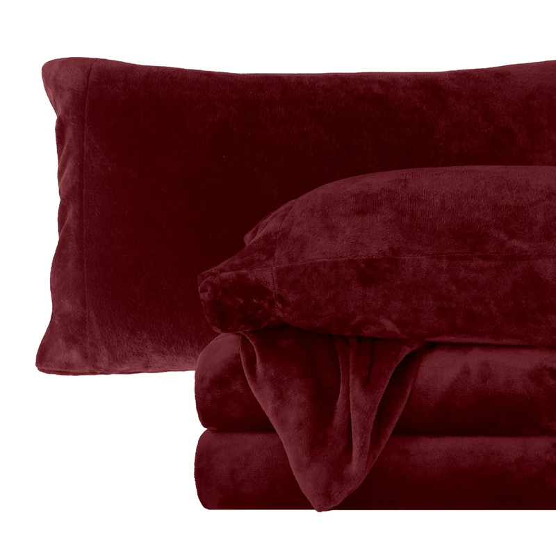 Elegant Comfort Luxuriously Soft 4-Piece Velvet Plush Flannel Sheet Set - Premium Quality - Cozy Warm, Anti-Static, Non Pilling Fuzzy Velvet Flannel Fleece Deep Pocket Sheet Set - Twin, Burgundy