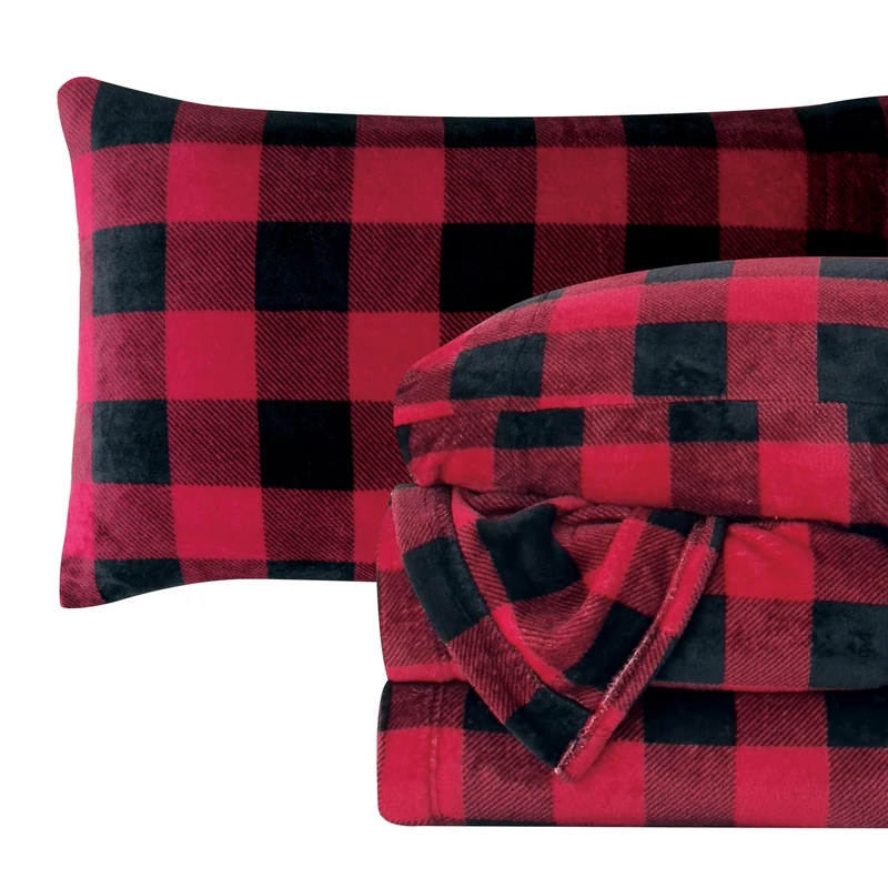 Elegant Comfort Luxuriously Soft 4-Piece Velvet Plush Flannel Sheet Set - Premium Quality - Cozy Warm, Anti-Static, Non Pilling Fuzzy Velvet Flannel Fleece Deep Pocket Sheet Set - Twin XL, Buffalo Red