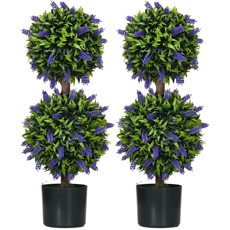 HOMCOM Set of 2 Decorative Artificial Plants Ball Trees with Lavender Flowers in Pot Fake Plants for Home Indoor Outdoor Decor, 70cm, Green