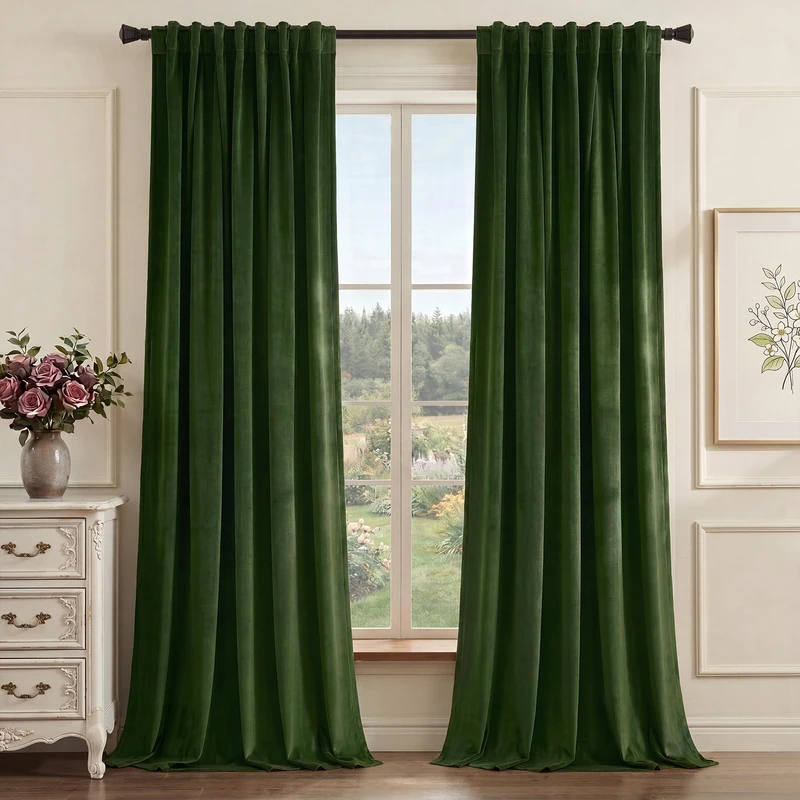 StangH Green Velvet Curtains 90 Inches Long for Bedroom, Gothic Luxury Soft Drapes, Thermal Insulated Privacy Window Panels for Manor & Estate with Back Tab & Hook Belt, W52 x L90, 2 Panels