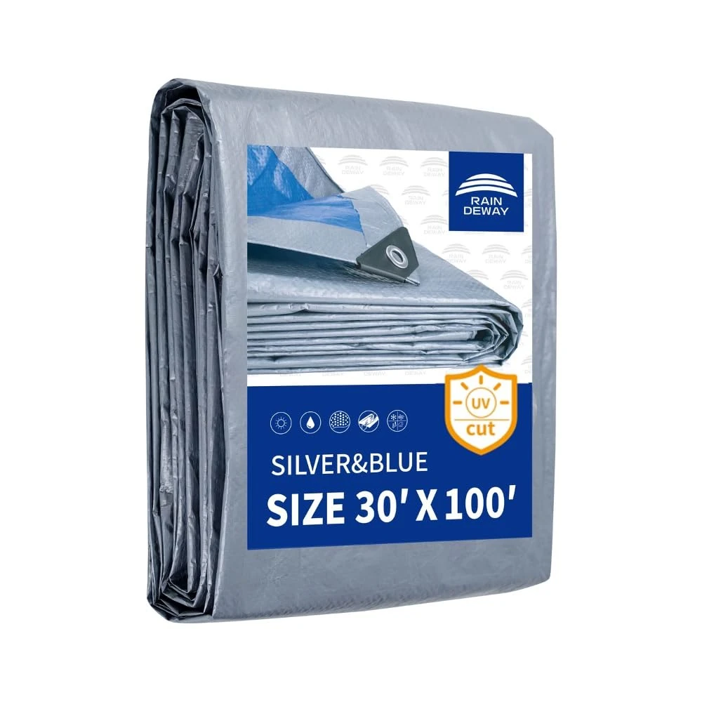 RAINDEWAY Large Tarps 30x100 Feet, 5.5 Mil - Multipurpose Waterproof Poly Tarp Cover with Metal Grommets and Reinforced Edges, Silver/Blue Tarp
