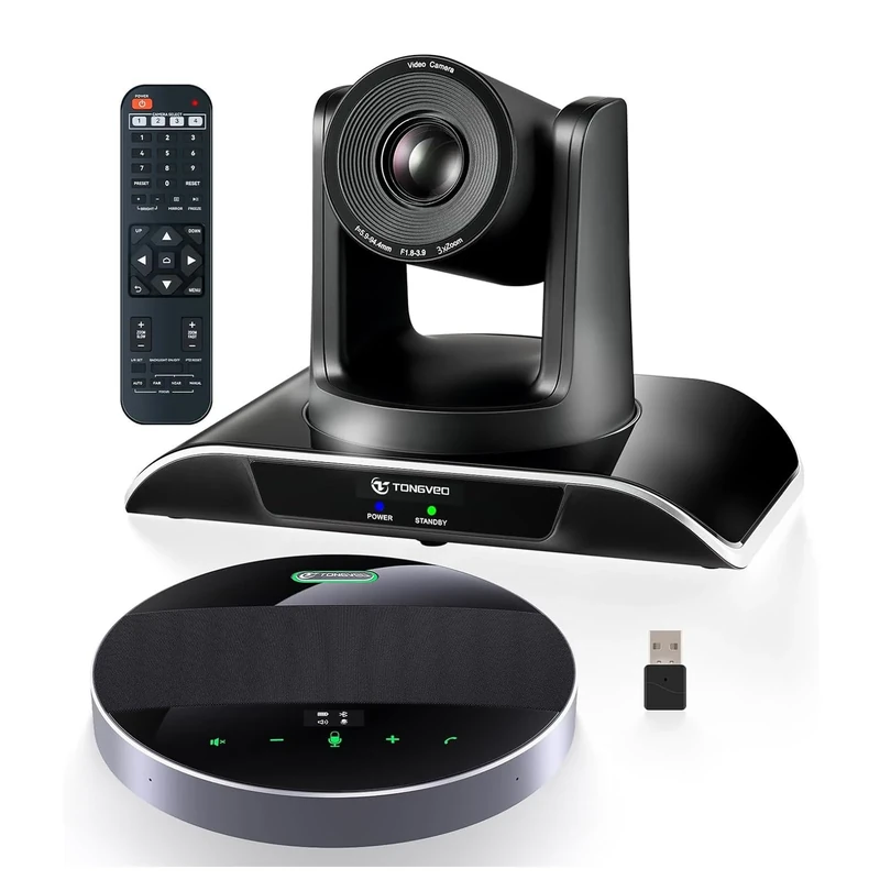 TONGVEO All-in-1 Conference Room Camera System with Bluetooth Microphone, HD 1080P 60fps 3X Optical Zoom USB3.0 HDMI PTZ Camera and Updated Conference Handsfree Kit with Microphones