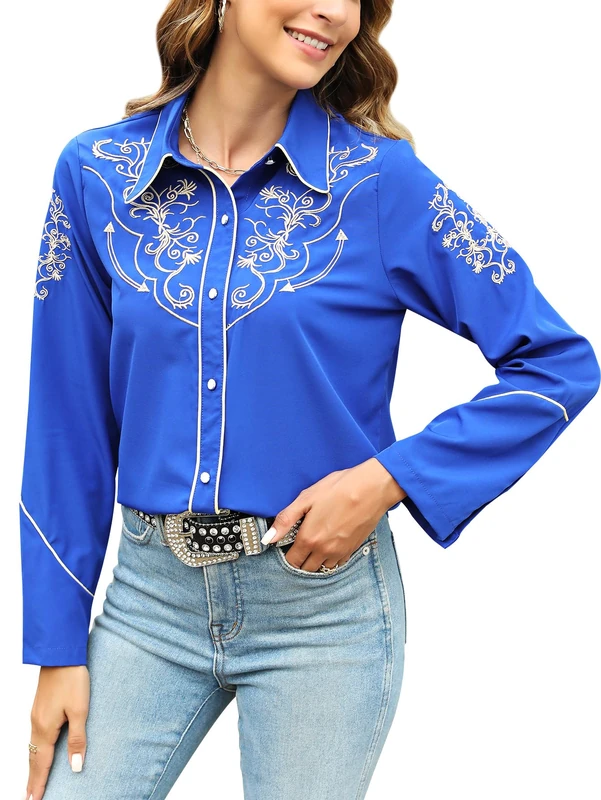 Vackutliv Western Shirts for Women Cowgirl Sexy Dressy Long Sleeve Black Embroidered Button Up Ladies Blusas Vaqueras para Mujer, Blue, XL
