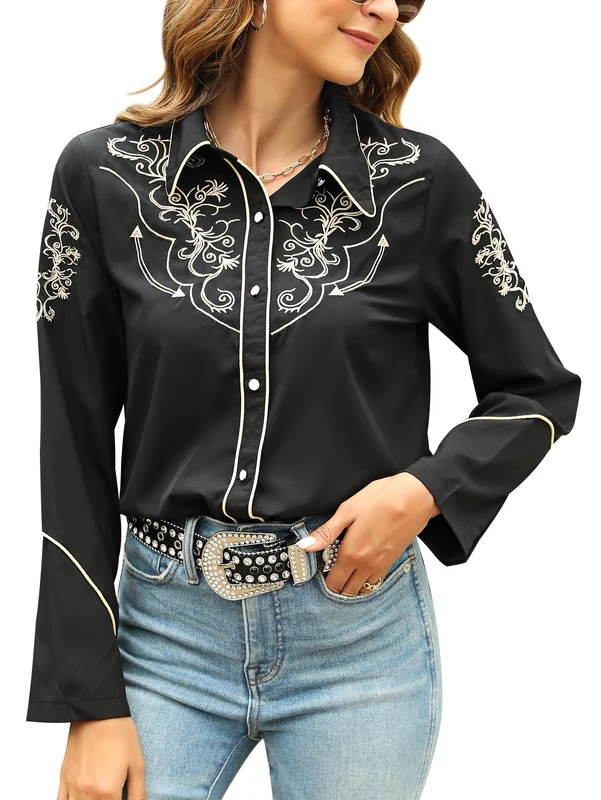 Vackutliv Western Shirts for Women Cowgirl Sexy Dressy Long Sleeve Black Embroidered Button Up Ladies Blusas Vaqueras para Mujer, Black, L