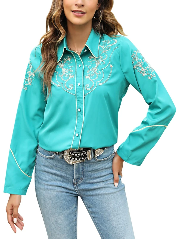 Western Shirts for Women Cowgirl Sexy Dressy Long Sleeve Black Embroidered Button Up Ladies Blusas Vaqueras para Mujer, Green, M