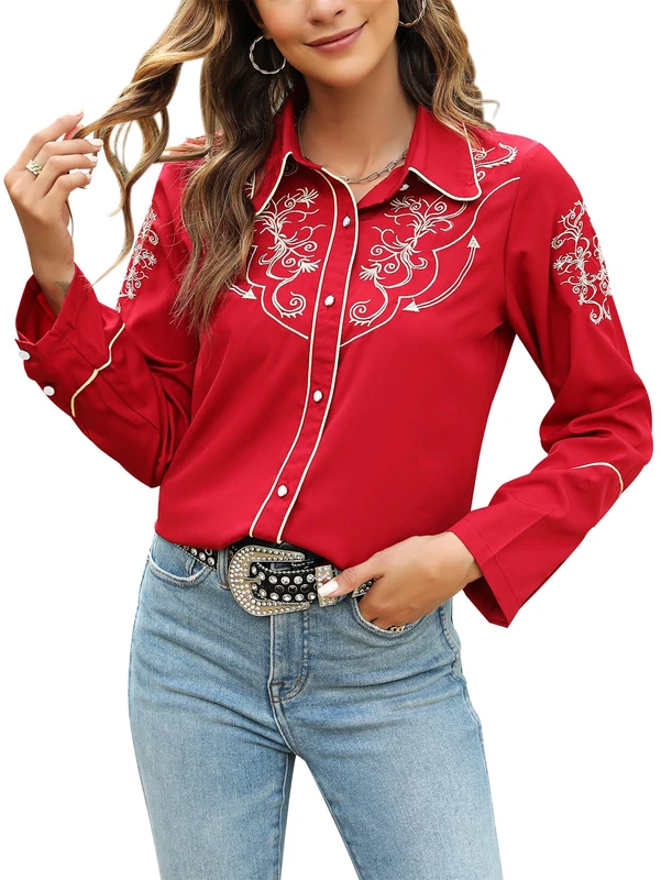 Vackutliv Western Shirts for Women Cowgirl Sexy Dressy Long Sleeve Black Embroidered Button Up Ladies Blusas Vaqueras para Mujer, Wine, L