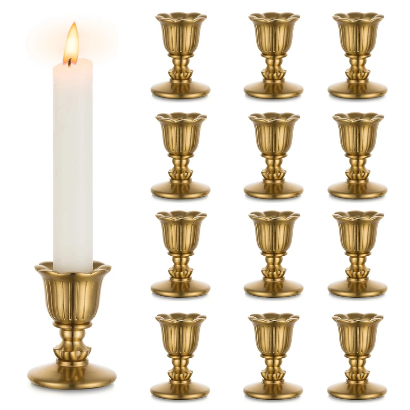 Vintage Candlestick Candle Holders Brass - Romadedi Taper Gold Candle Stick Victorian Style for Table Centerpiece Wedding Reception Festive Christmas Mantel Decoration or Home Decor Set of 12