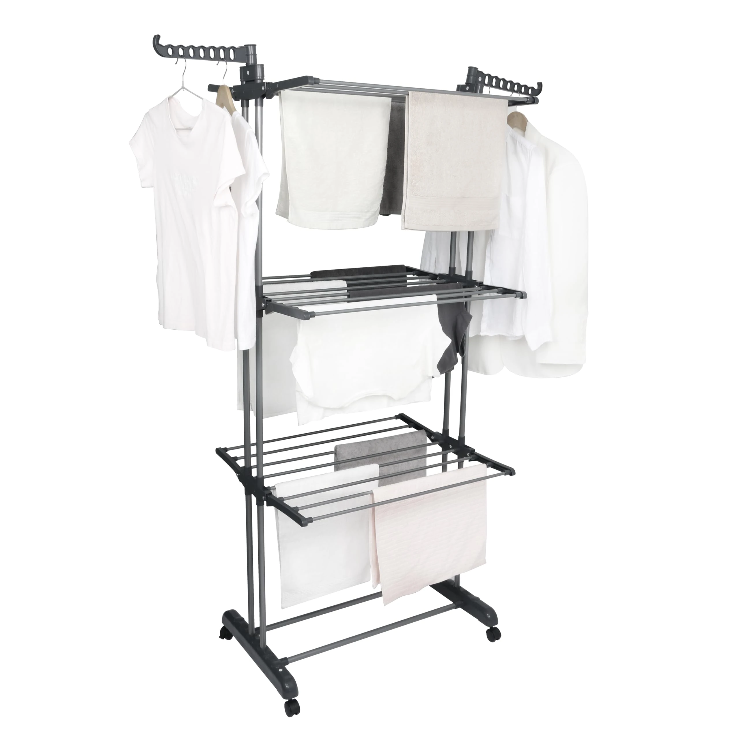 BARGAIN FACTORY Airer Clothes Drying Rack,4-Tier Grey Foldable Clothes Hanger Adjustable Large Stainless Steel Garment Laundry Racks for Indoor Outdoor with Foldable Wings