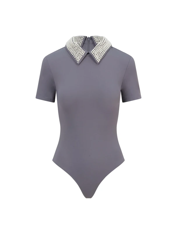 BALOU Women's Pearl Collar Bodysuit Shirt, Grey, 16 - Image 1