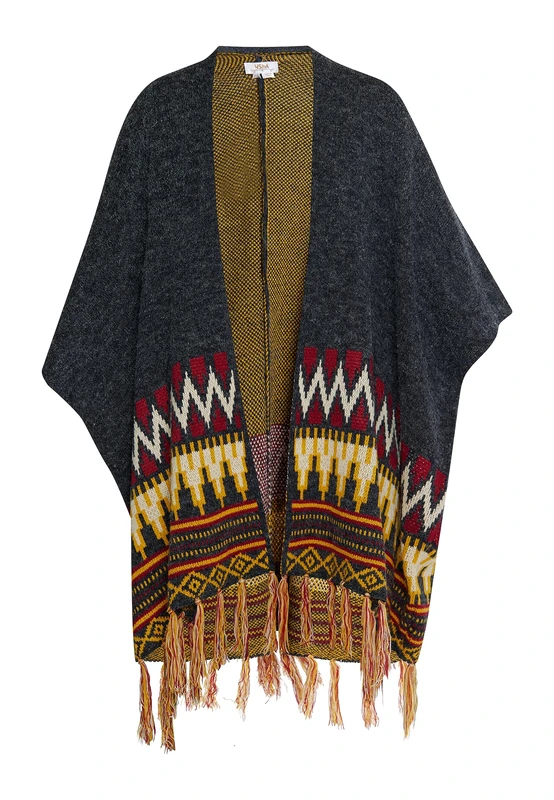 SANIKA Women's Knitted Poncho, Navy Grey Multicolor, M/L