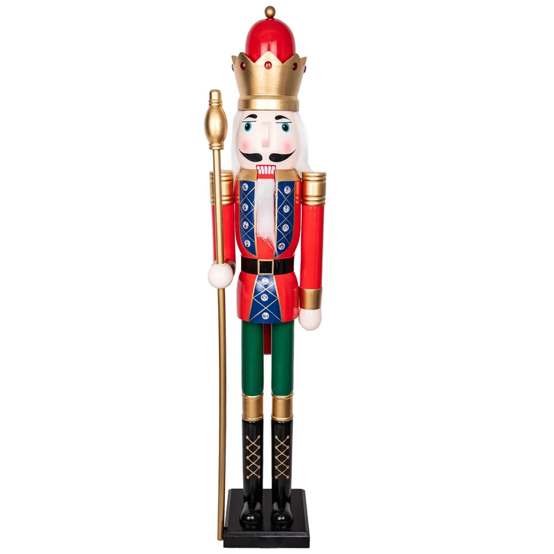 150cm Giant Life-Size Wooden Christmas Nutcracker Soldier Statue King Puppet Figurines Xmas Home Door Decoration Ornament, Red/Green