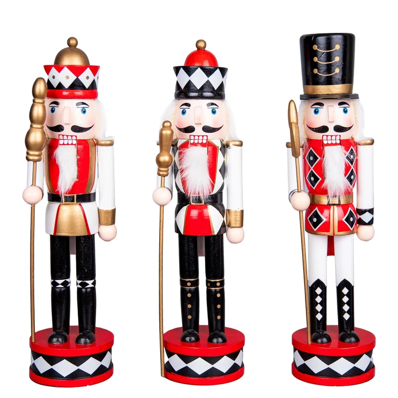 38cm Red/White/Black Wooden Christmas Nutcrackers - 3pcs Set - Soldiers King Puppet Figurines Xmas Home Decoration Ornament