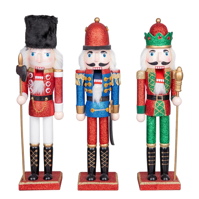 SHATCHI 38cm Assorted Wooden Christmas Nutcrackers - 3pcs Set - Soldiers King Puppet Figurines Xmas Home Decoration Ornament