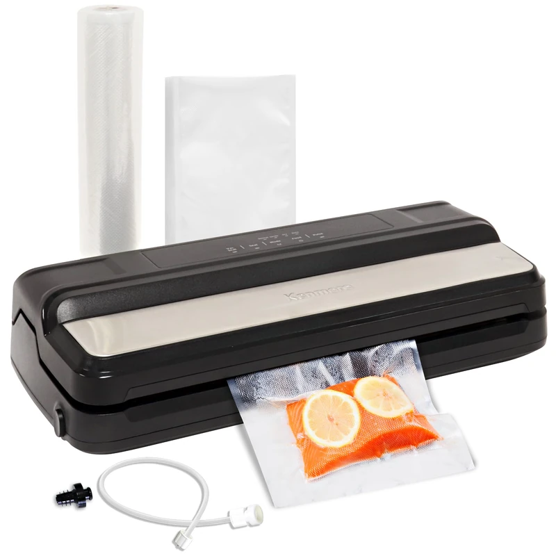 Kenmore Vacuum Sealer Machine Compact 7-in-1 Presets Vacuum Food Storage System Built-in Cutter 11 Pieces Sous Vide Bags One Touch Digital LED Display for Dry Moist Fresh Food Preservation Black