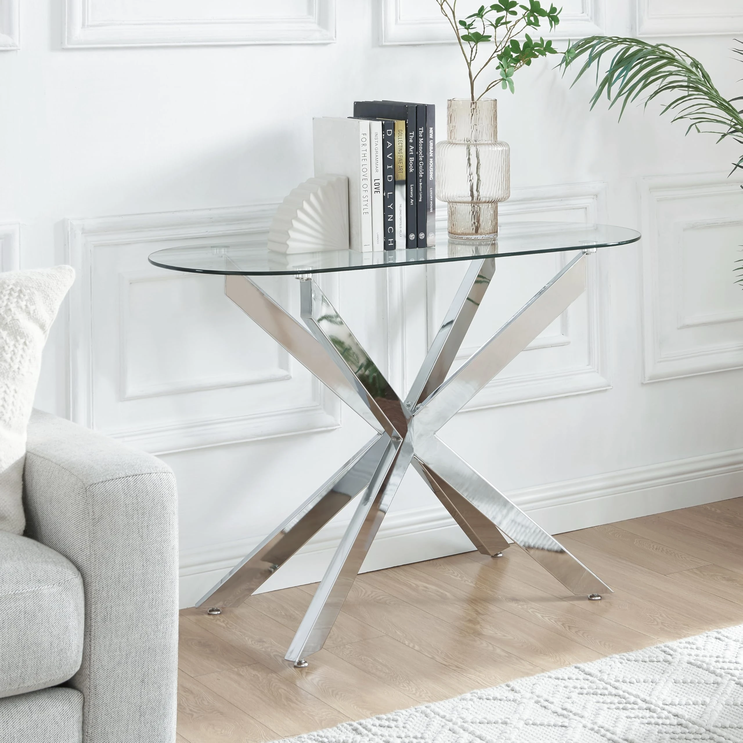 Modern Glass Console Table, Entryway Hallway Narrow Sofa Table, Entrance for Entryway, Living Room, Foyer, Hallway, Office, 45" Lx18 Wx30 H Silver