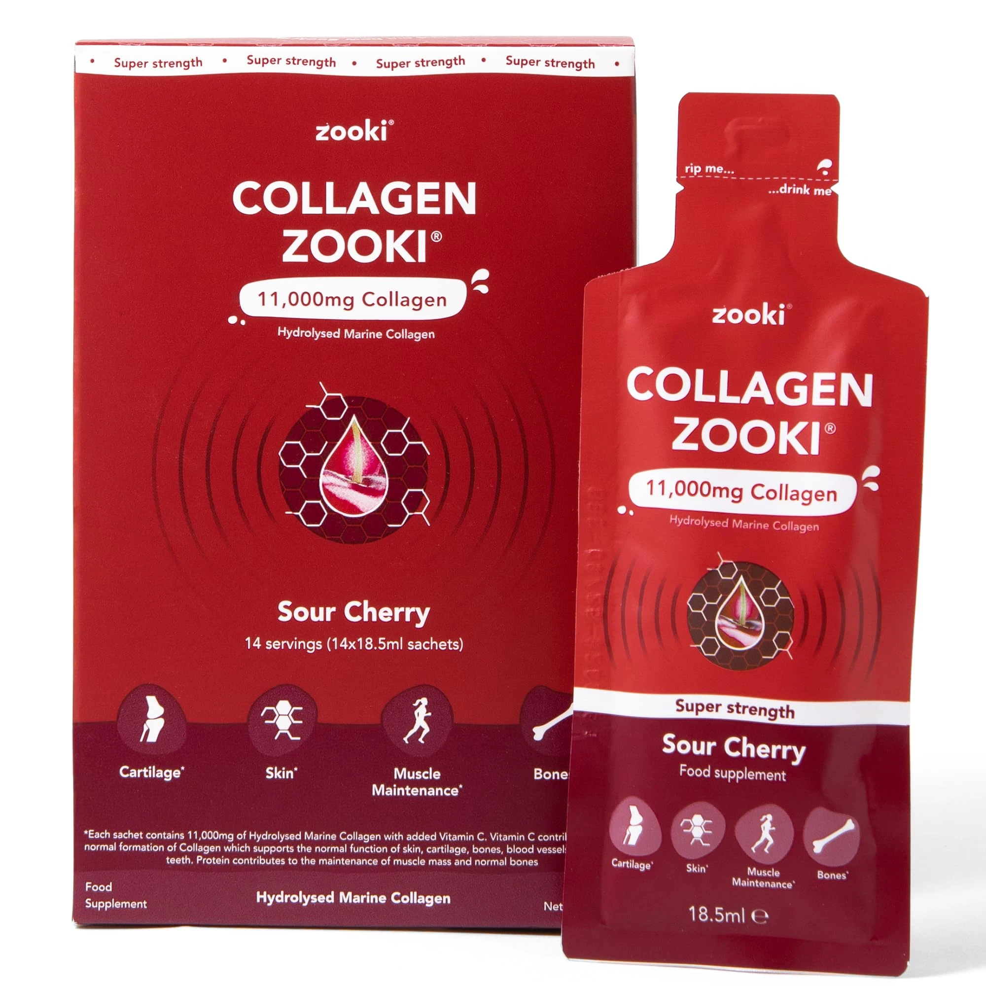 Zooki 11,000mg Super Strength Marine Collagen Liquid Sachets | Hydrolysed Peptides | Ultimate Skin, Hair, Nails, Joints, Bones & Muscles Support (Sour Cherry Flavour, 14 Servings)
