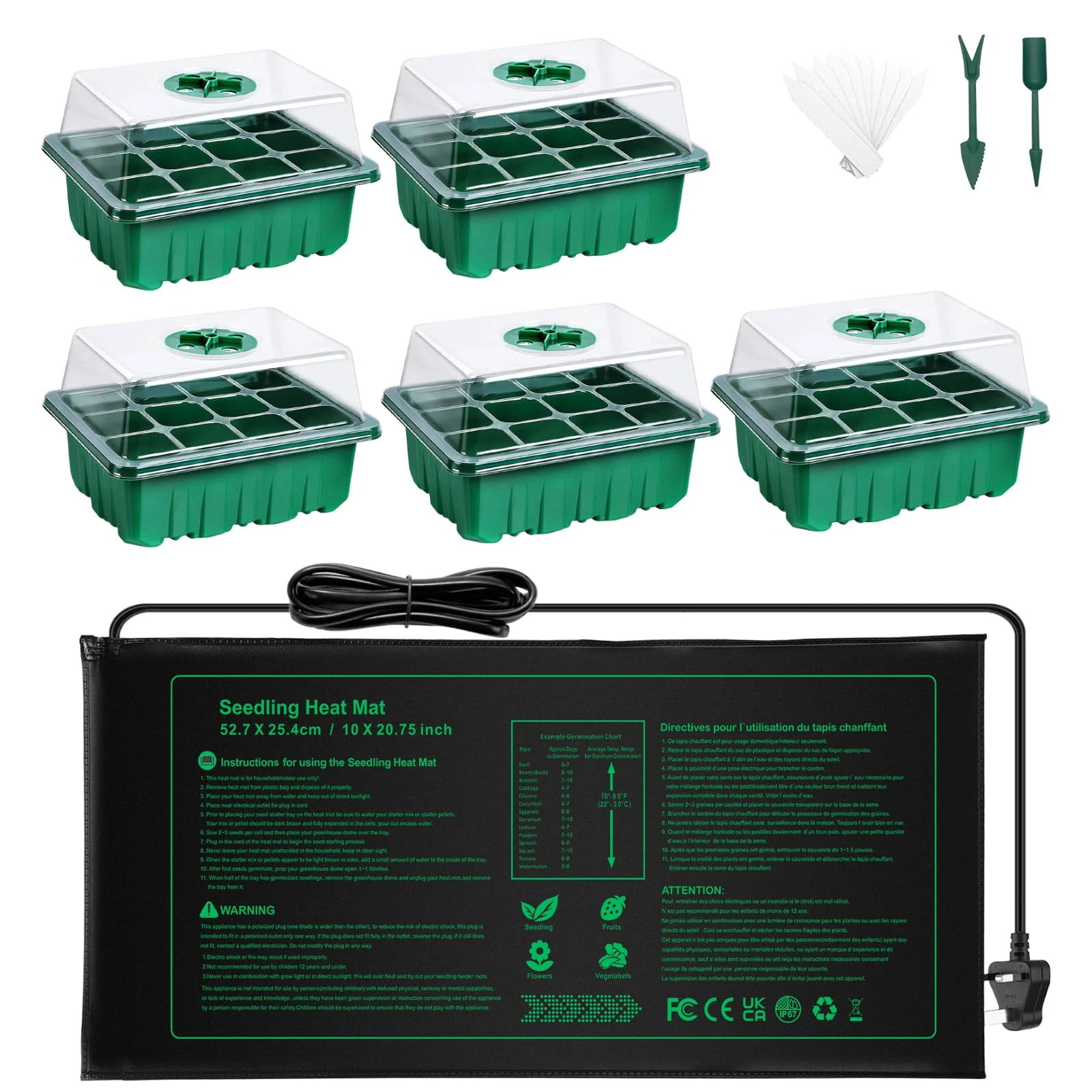 NAMOTEK 5 Pack Seed Starter Tray with Heat Mat and Humidity Domes, 60 Cell Trays Germination Station Cloning Kit heated propagator for seeds