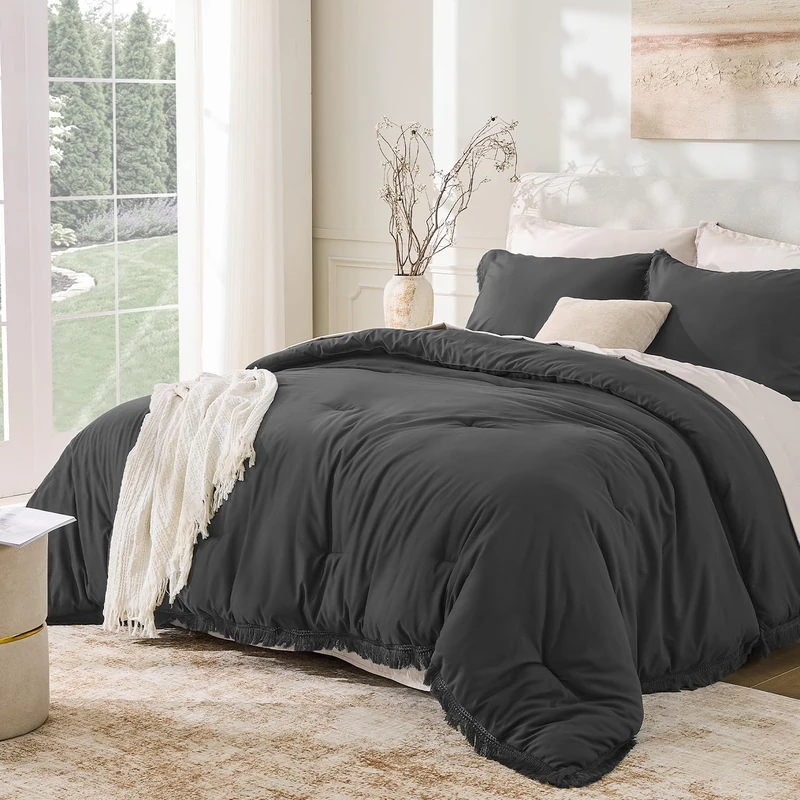 Andency Comforter California King Dark Grey, 3 Pieces Boho Winter Bedding