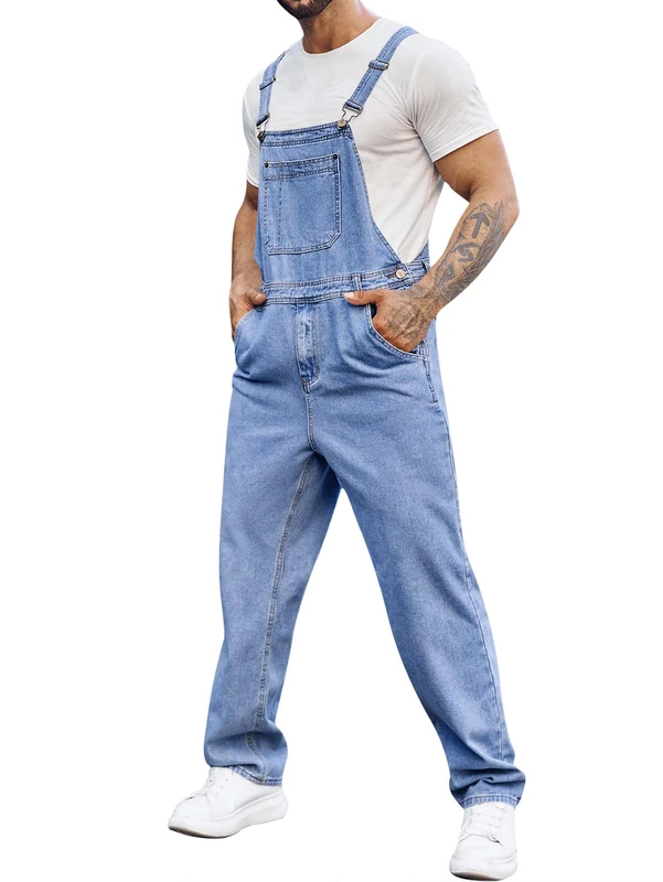 Runcati Men's Denim Bib Overall Jean Romper Trousers Adjustable Strap Workwear Slim Fit Jumpsuit, Blue, M