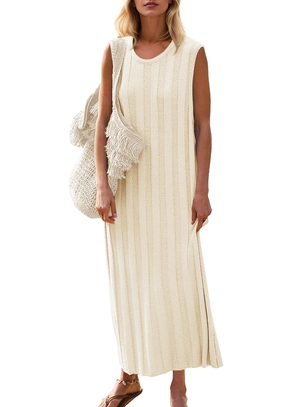 Fisoew Women's Summer Sleeveless Maxi Dress Scoop Neck Ribbed Knit Tank Top Dresses, Beige, S - Image 1
