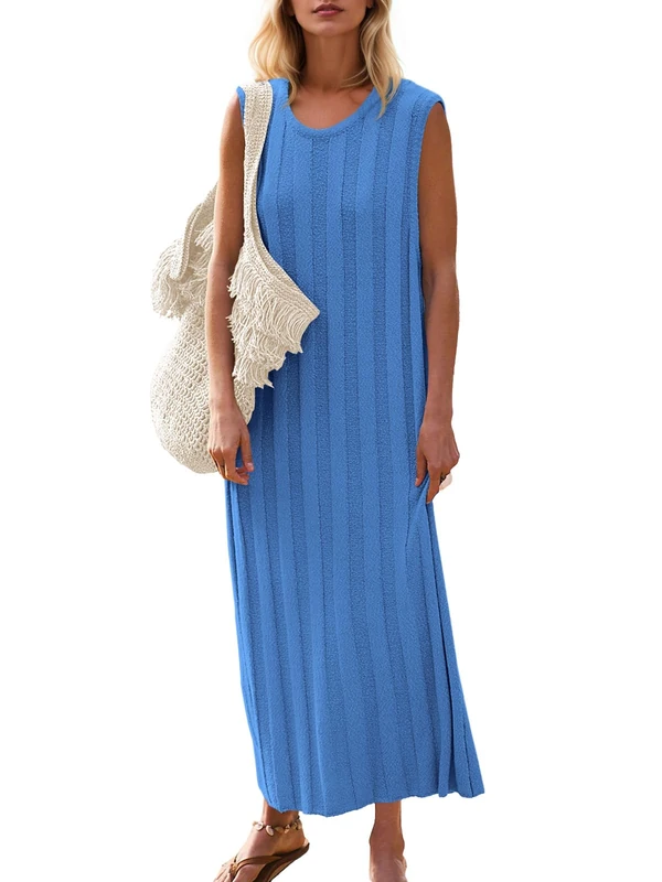 Fisoew Women's Sleeveless Sweater Midi Dress Scoop Neck Loose Fit Ribbed Knitted Dress Casual Solid Tank Top Dresses, Blue, M - Image 1