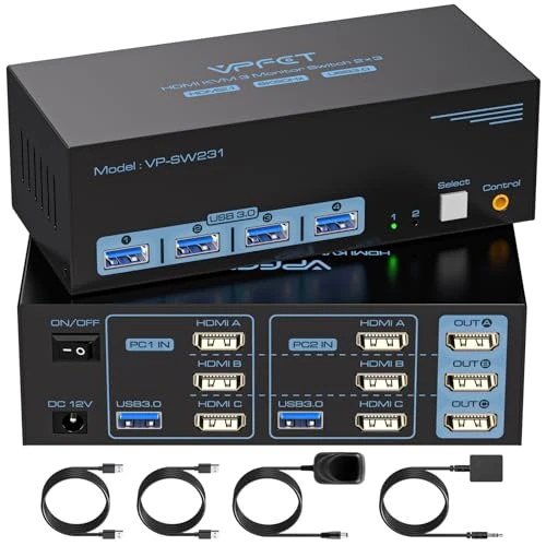CMSTEDCD HDMI KVM Switch 3 Monitors 2 Computers 8K@60Hz 4K@120Hz USB 3.0 KVM Switches triple monitor for 2 PC Share 4 USB Ports Support Extended & Copy Display 12V DC Adapter Wired Controller Included
