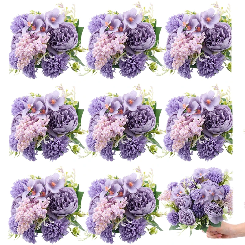 Zeyune 8 Pcs Wedding Silk Flowers Fake Silk Flowers Faux Bouquet Hydrangea Bouquets for Wedding Birthday Party Table Centerpieces Home Decoration(Purple,Peony)
