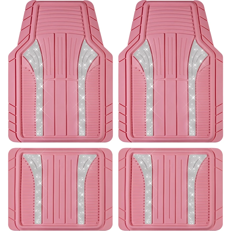 PIC AUTO Bling Rubber Floor Mats, Sparkly Glitter Pink Car Mats Set, Heavy Duty All Weather Waterproof Mats Pad for Girls & Women Universal Fit for Automotive SUV, Sedan, Van