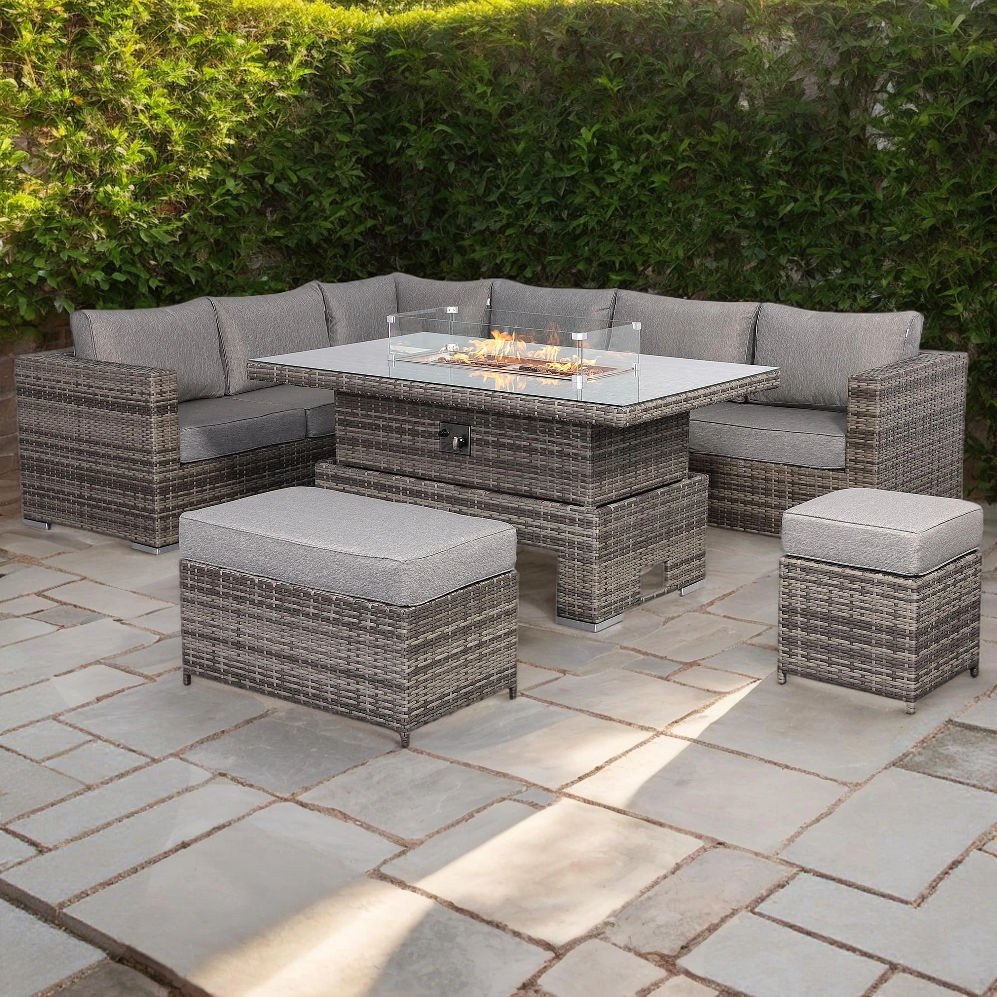 Rattan park Rattan Garden Furniture Cambridge Modular Corner Set with Rising Fire Pit Table in Stone Browne Grey weave