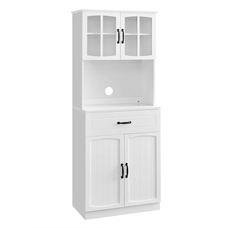VASAGLE Tall Kitchen Pantry Cupboard, Freestanding Kitchen Storage Cabinet, Storage Unit, with Glass Doors and Adjustable Shelves, Drawer, Cable Hole, for Microwave, Modern Style, White LSC361W21