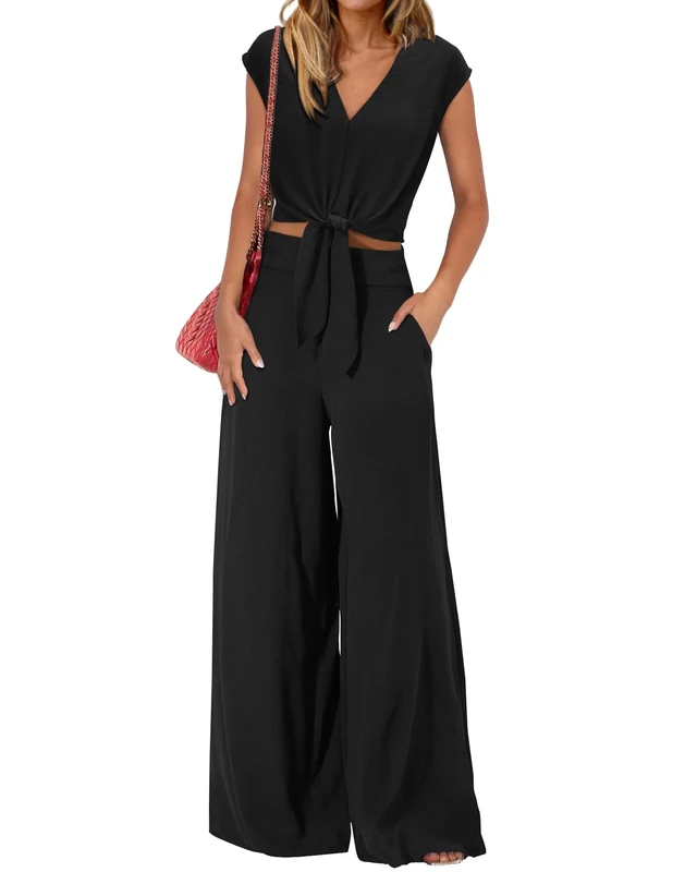 PRETTYGARDEN Women's Summer 2 Piece Outfits 2024 Cap Sleeve V Neck Belted Crop Tops Wide Leg Pant Sets Casual Tracksuit, Solid Black, Large