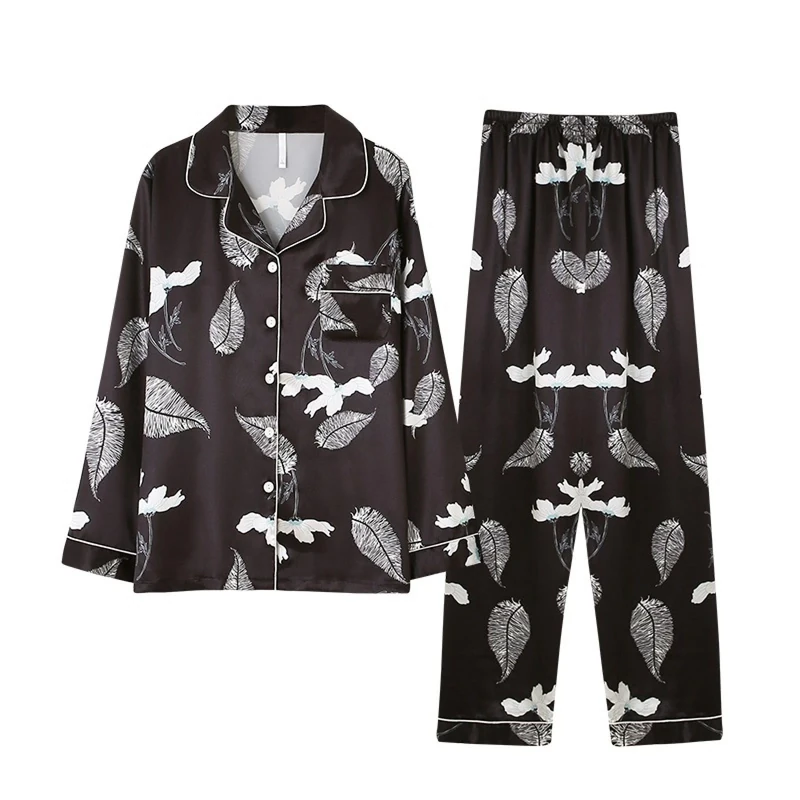 TDNEKMCA Womens Silk Satin Pajamas Set,Long Sleeve Trousers Button-Down Floral Print Sleepwear,Faux Silk All Seasons Sleepwear Loungewear,Comfy Soft Nightwear,Black,Xxl