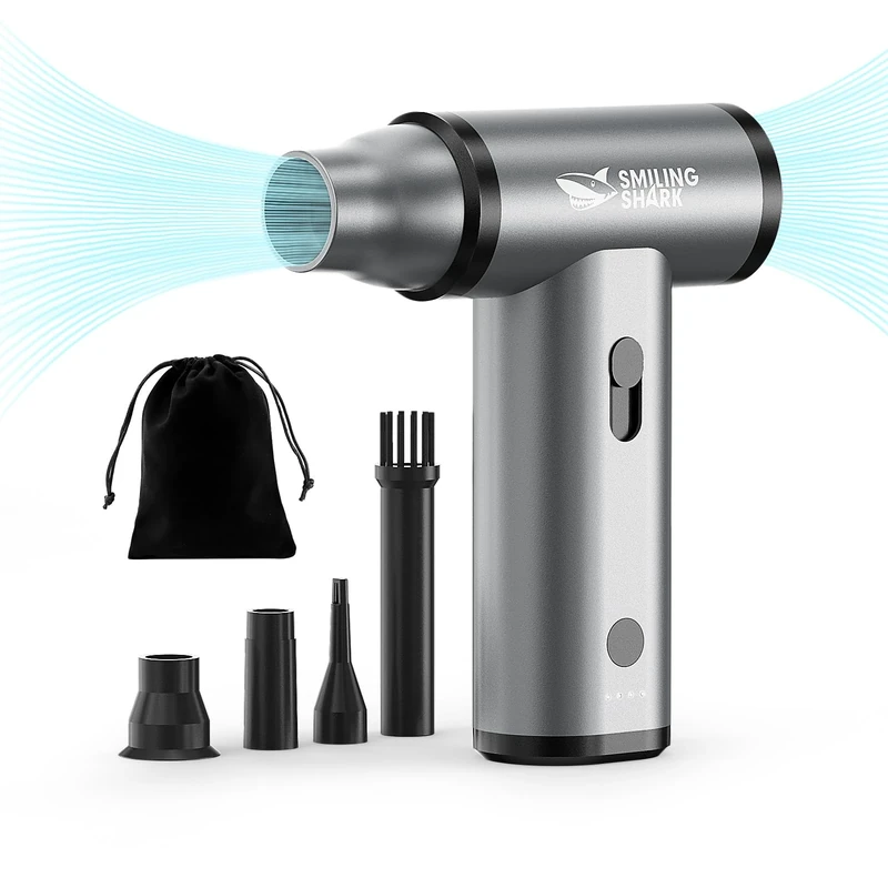 Smiling Shark Compressed Air Duster, J01 Aluminum Alloy Brushless Motor 130000RPM Cordless Electric Air Duster with Stepless Speed Rechargeable Air Blower for PC/Keyborad/BBQ/Car/Camping, Grey