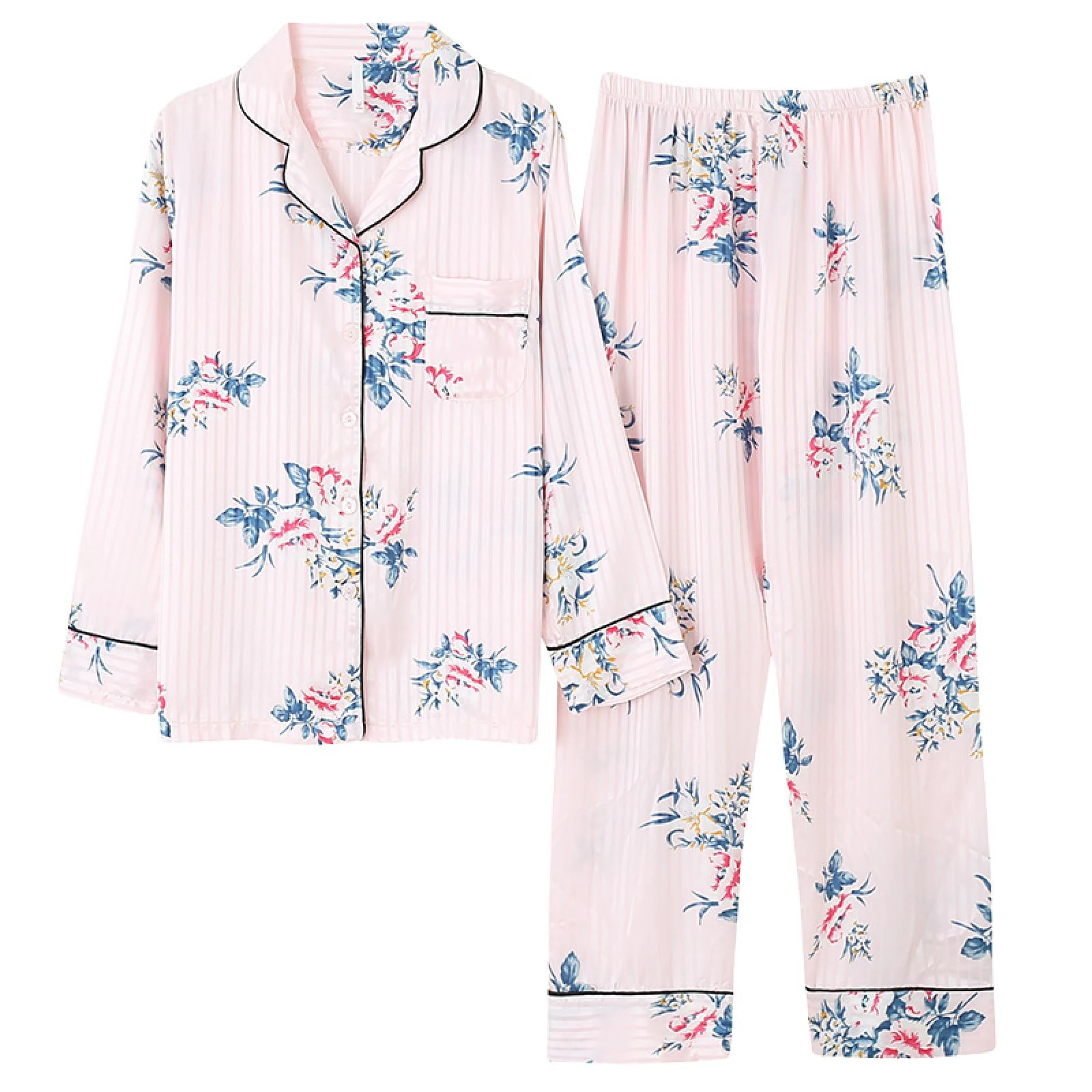 Women Pajamas Silk Satin Loungewear,Ladies Pj Set Long Sleeve Trousers Lapel Floral Print Homewear Two Piece Set,Casual Faux Silk Comfortable Simple Nightwear,Pink,L