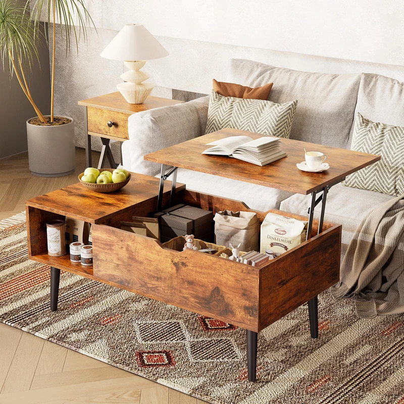 NEWBULIG Coffee Table with Lift Top with Hidden Compartment, Small Dining Table for Home, Living Room, Office, Rust Brown - Image 1