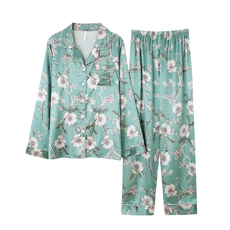 TDNEKMCA Womens Satin Pyjamas,Long Sleeved Lapel Full Length Ladies Floral Print Silk-Feel All Seasons Nightwear,Simple Lightweight Button Down Contrast Piping Loungewear,Green,Xl