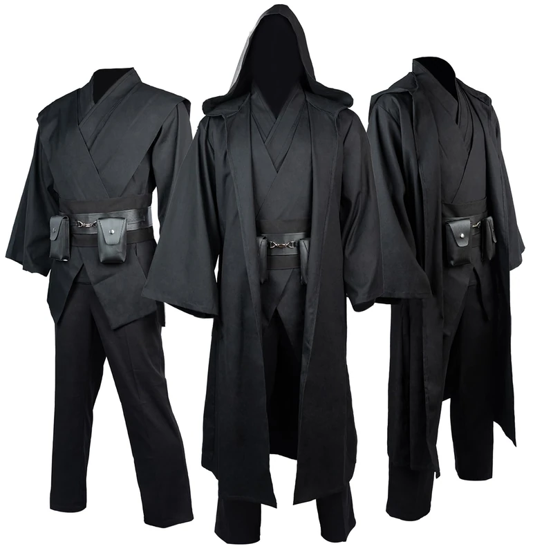 Men's Costume Robe Adult Male Tunic Costume Hooded Uniform Full Set Halloween Cosplay Cloak, Black Adult, XL