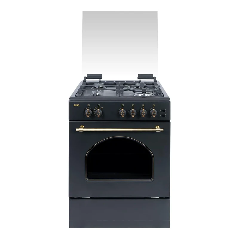 Svan Cocina Gas Butano 4 Zonas de Cocción, Horno 59 L, Rústico negro SKGW4600RN. Control Manual, Quemador WOK triple llama, 2 Programas de Cocción, Cristal en Puerta de Doble Capa, Tapa Abatible