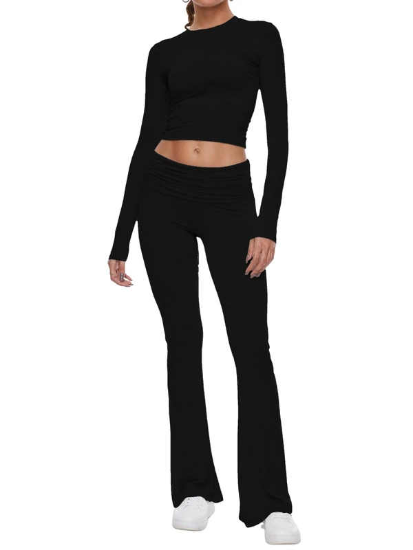 AnotherChill Women's 2 Piece Lounge Sets Fold-over Flare Pants Set Long Sleeve Cropped Top Casual Outfits Pajamas, Black, S