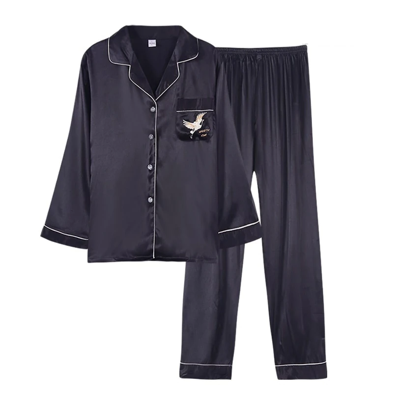 Womens Satin Pyjamas,Two-Piece Long Sleeved Trousers Full Length Ladies Silk-Feel All Seasons Nightwear,Simple Lightweight Button Down Contrast Piping Loungewear,Dark Blue,M