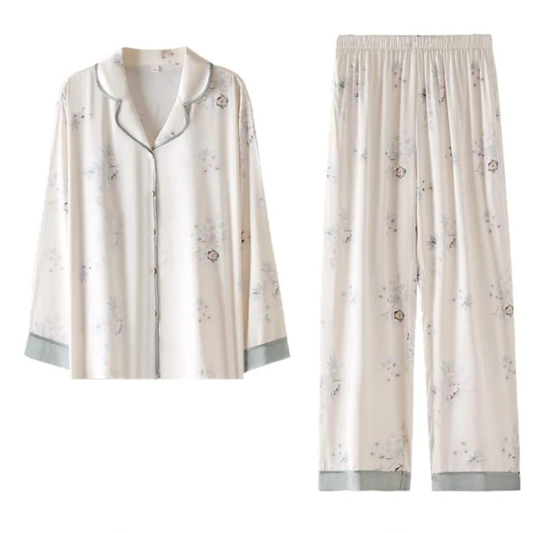 TDNEKMCA Womens Silk Satin Pajamas Set,Long Sleeve Trousers Button-Down Floral Print Sleepwear,Faux Silk Lapel All Seasons Sleepwear Loungewear,Comfy Soft Nightwear,Apricot,M