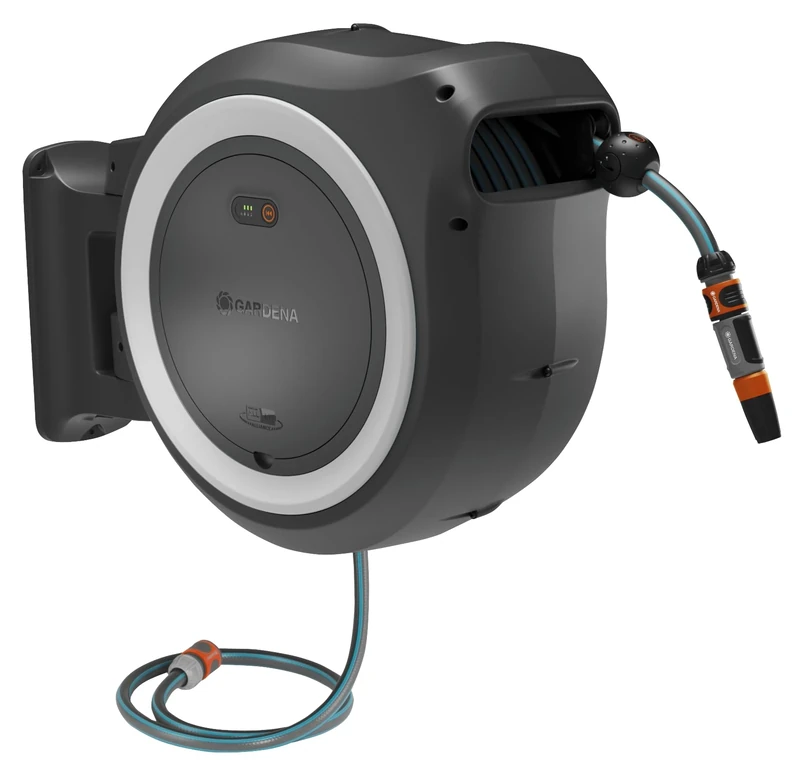 Gardena battery-powered wall-mounted hose box PowerRoll XXL ready-to-use-set: Reel with 40m garden hose, automatic roll-up, hose guide & RollControl. Complete with rechargeable battery (18647-20)
