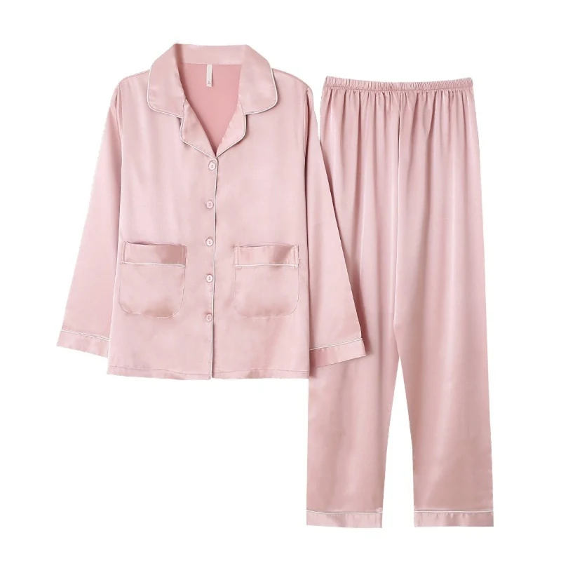 TDNEKMCA Womens Silk Satin Pajamas Set, Long Sleeve Trousers Lapel Sleepwear Loungewear With Two Pockets,Simple Contrast Piping Casual Faux Silk Nightwear For All Seasons,Pink,L