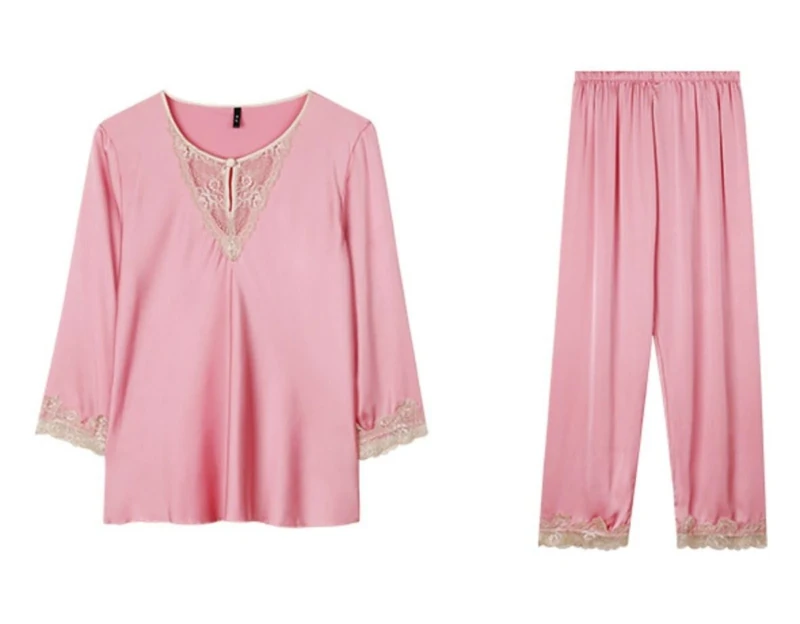 TDNEKMCA Satin Pyjamas For Women, Ladies Pyjamas Faux Silk Satin Crewneck Long Sleeve Button Trousers Sleepwear Loungewear For All Seasons 2 Piece Pjs Set,Soft Comfy Homewear,Pink,L