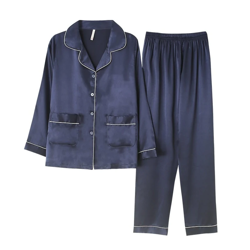 TDNEKMCA Women'S Satin Pyjama Set,2 Piece Long Sleeve Blue Pyjamas Faux Silk Satin Homewear,Soft Casual Button Down Spring Autumn Sleepwear Set Loungewear,Blue,Xl